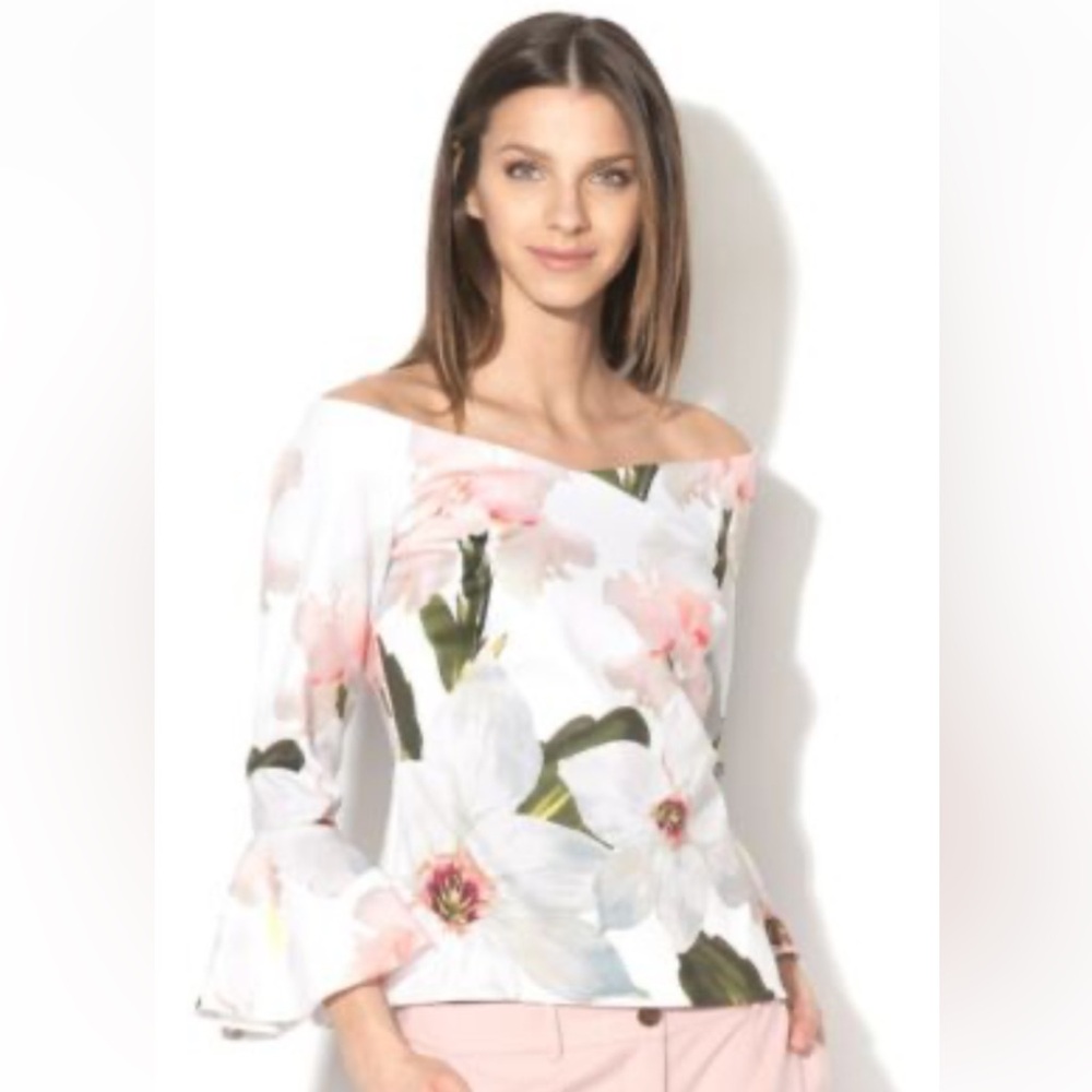 #9 Ted Baker Off White Off Shoulder Floral Fitted Blouse NWOT